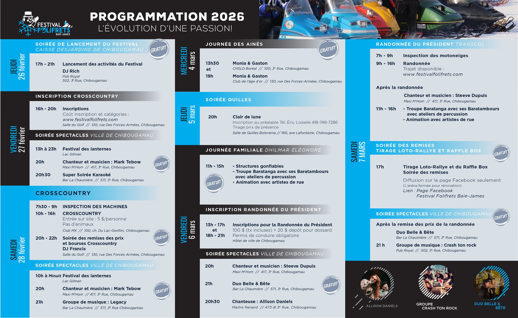 Dépliant Programmation 2026 — page 2 : horaire détaillé jour par jour