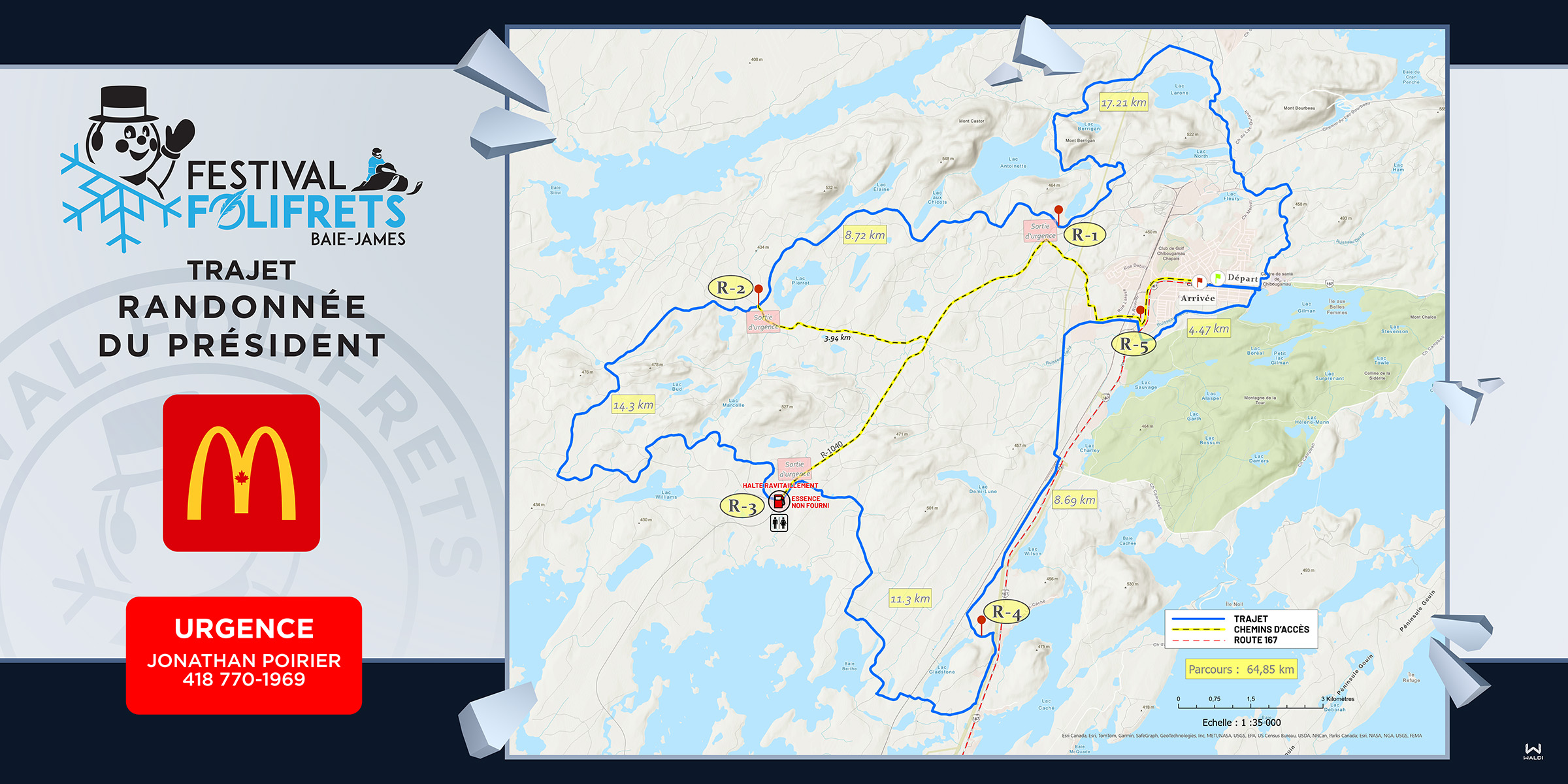 Carte du trajet de la Randonnée du Président — 64,85 km